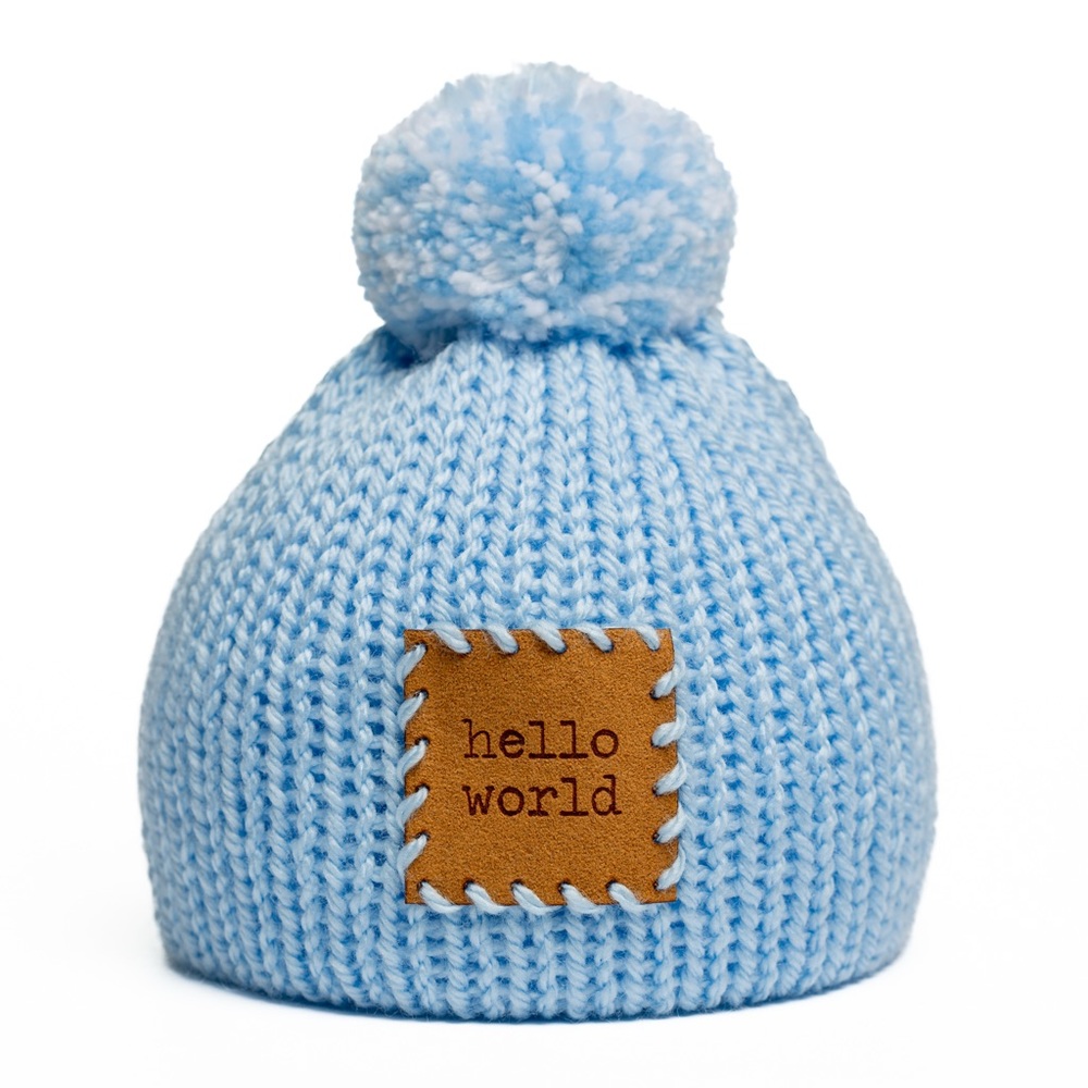 Light Blue Baby Pom Beanie Hat with "hello world" Patch